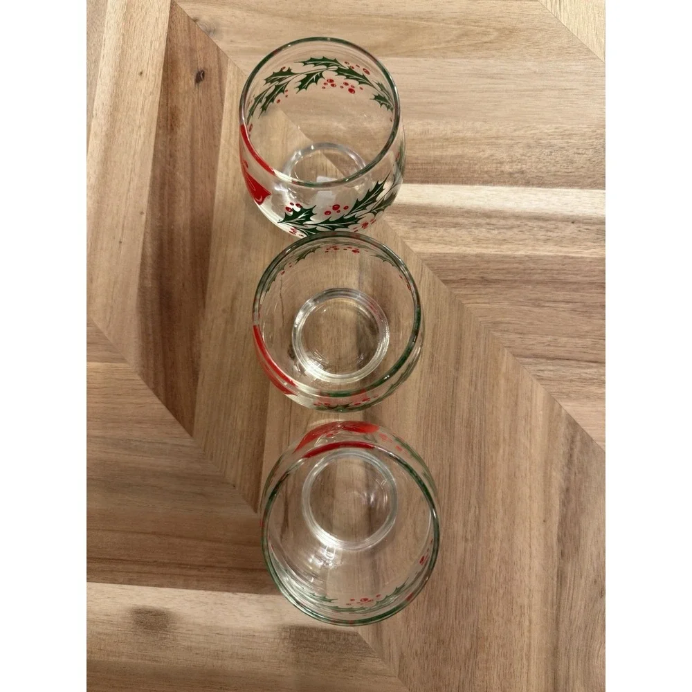 3 VTG MCM  Libby Rolly Polly‎ Low Ball Cocktail Glass Bow Holly Berry XMAS Party